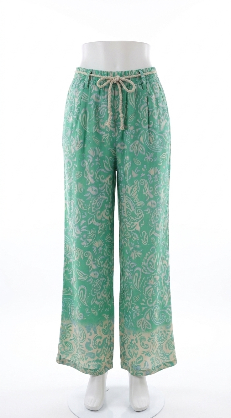 NEW DEMOCRACY rope belt wide leg abstract pants in jade